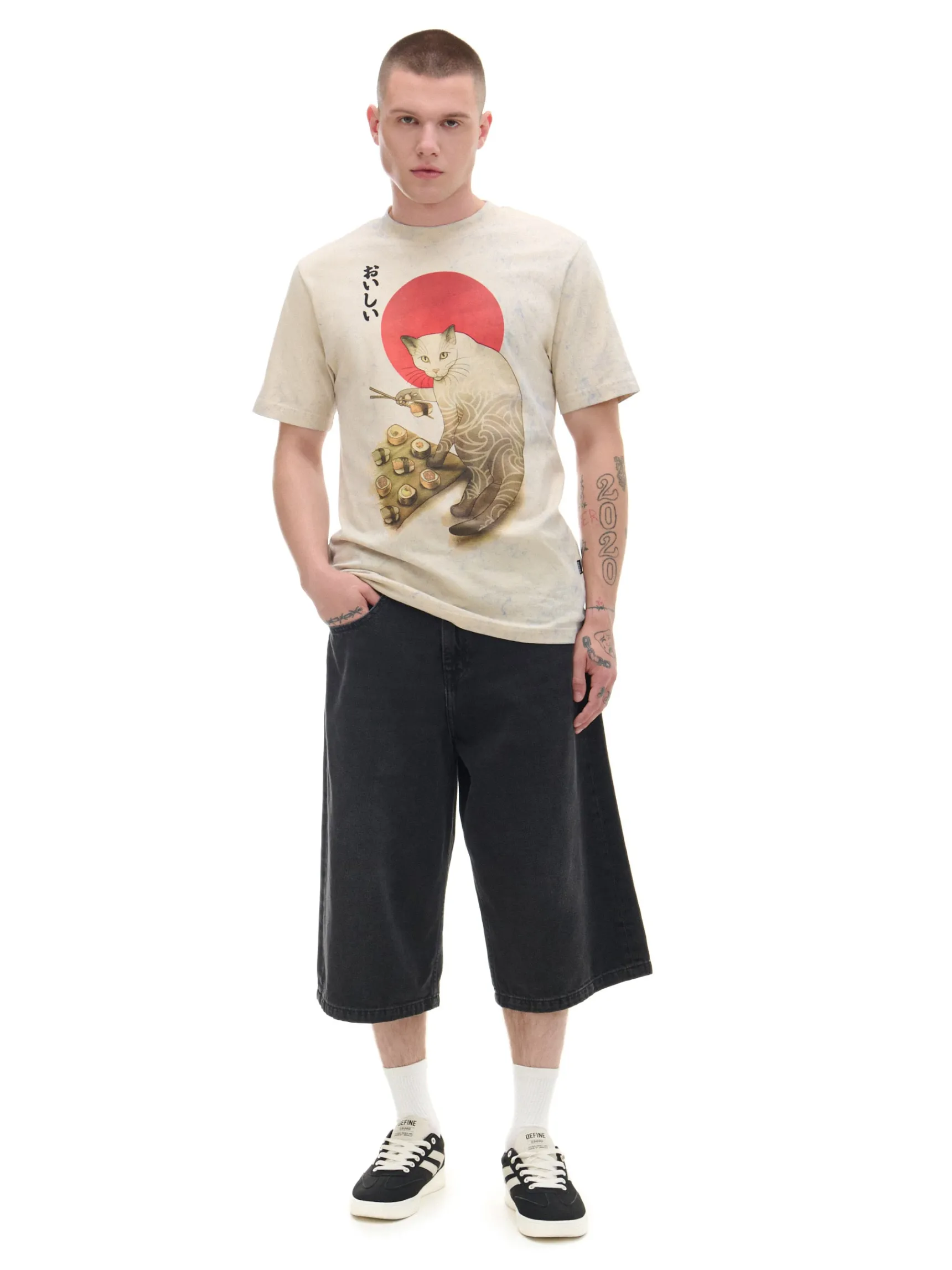 Best Cropp t-shirt z kotem beżowy