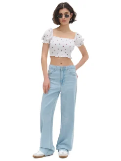 Best Cropp Biała bluzka crop top w kwiaty biały