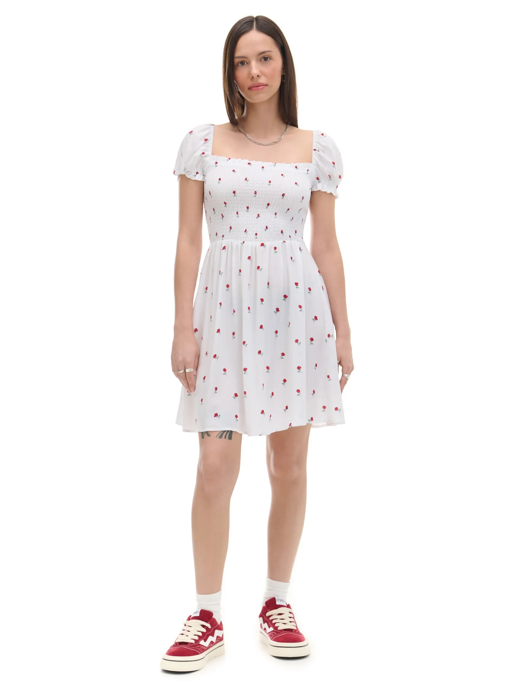 Best Cropp Biała sukienka mini z bufiastymi rękawami biały