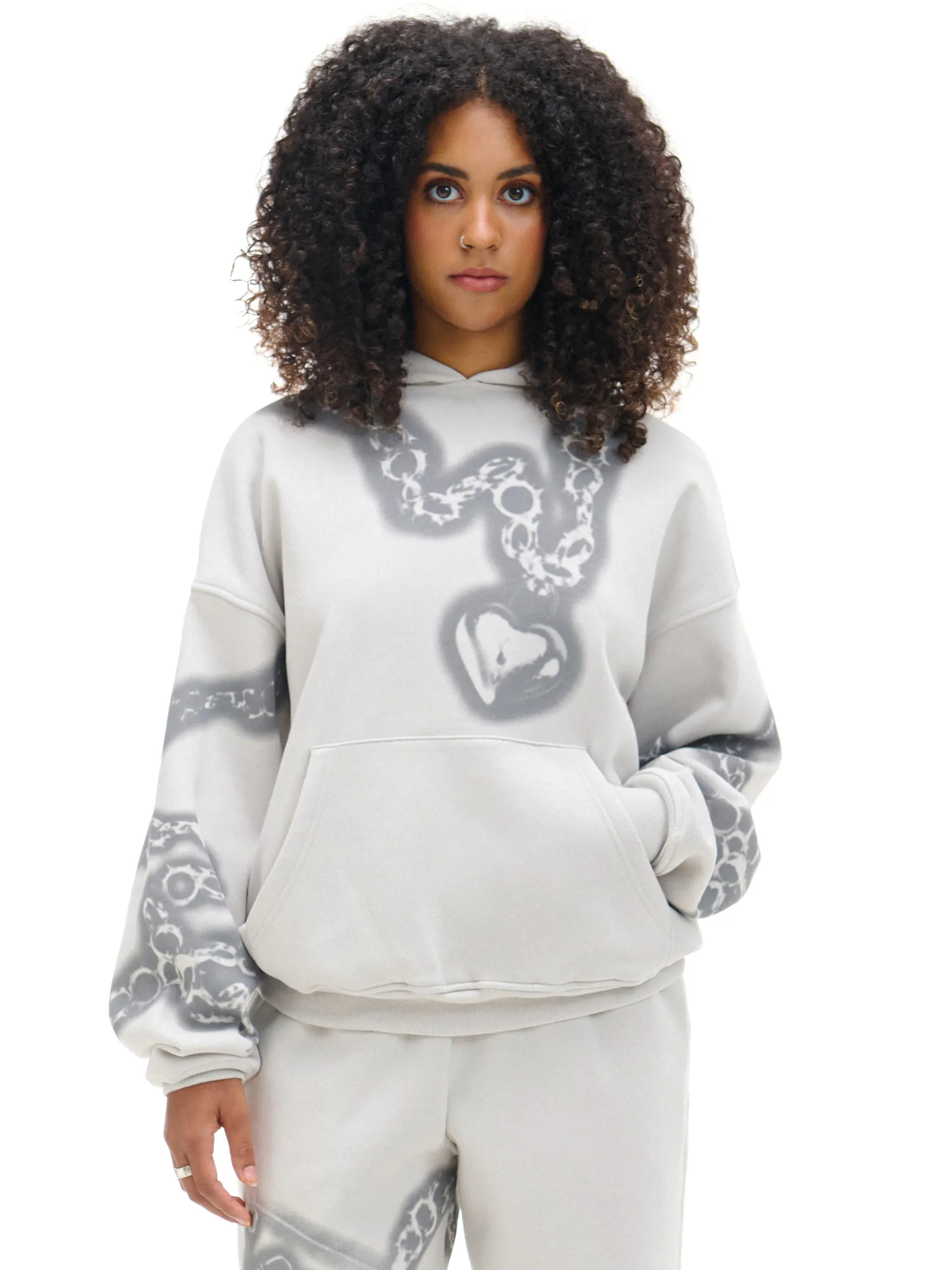 Online Cropp Bluza hoodie z motywem łańcucha UNISEX jasnyszary