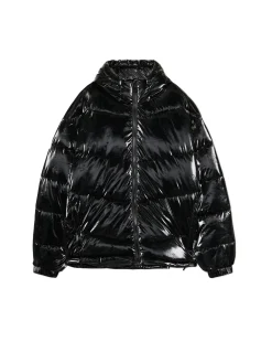 Best Cropp Błyszcząca kurtka puffer z kapturem czarny