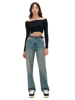 Clearance Cropp Ciemnoe jeansy straight z efektem sprania niebieski