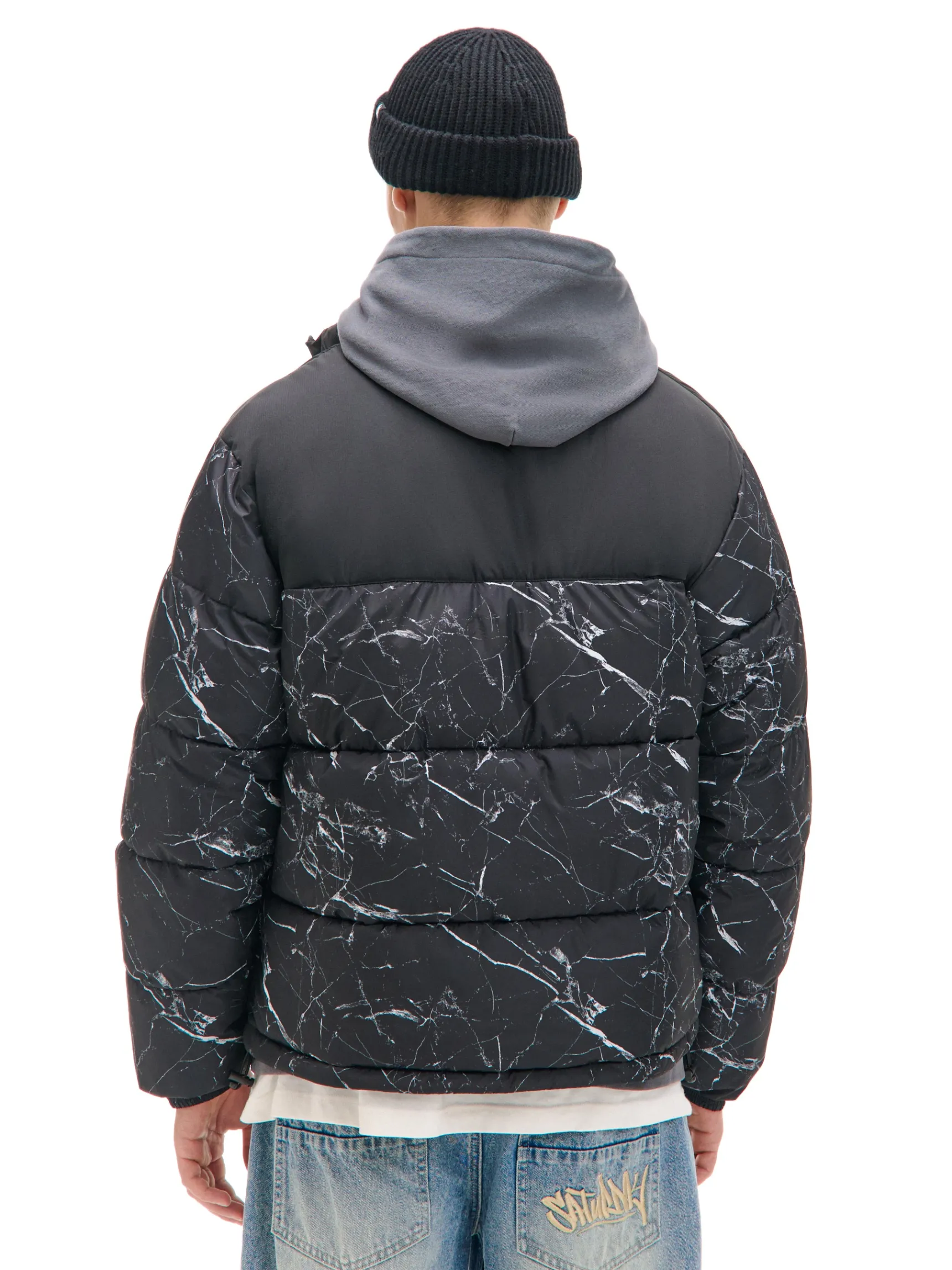 Fashion Cropp Ciemnoszara kurtka puffer z nadrukiem szary