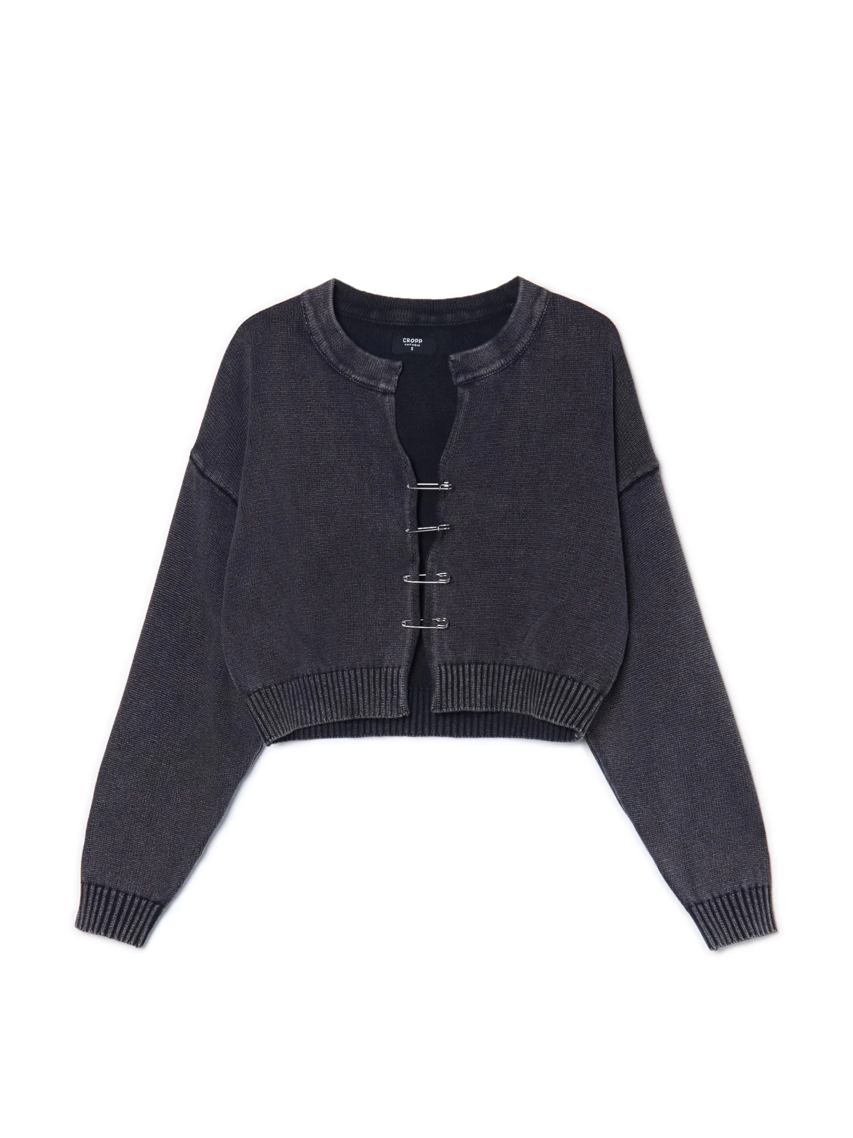 Sale Cropp Ciemno kardigan z agrafkami szary