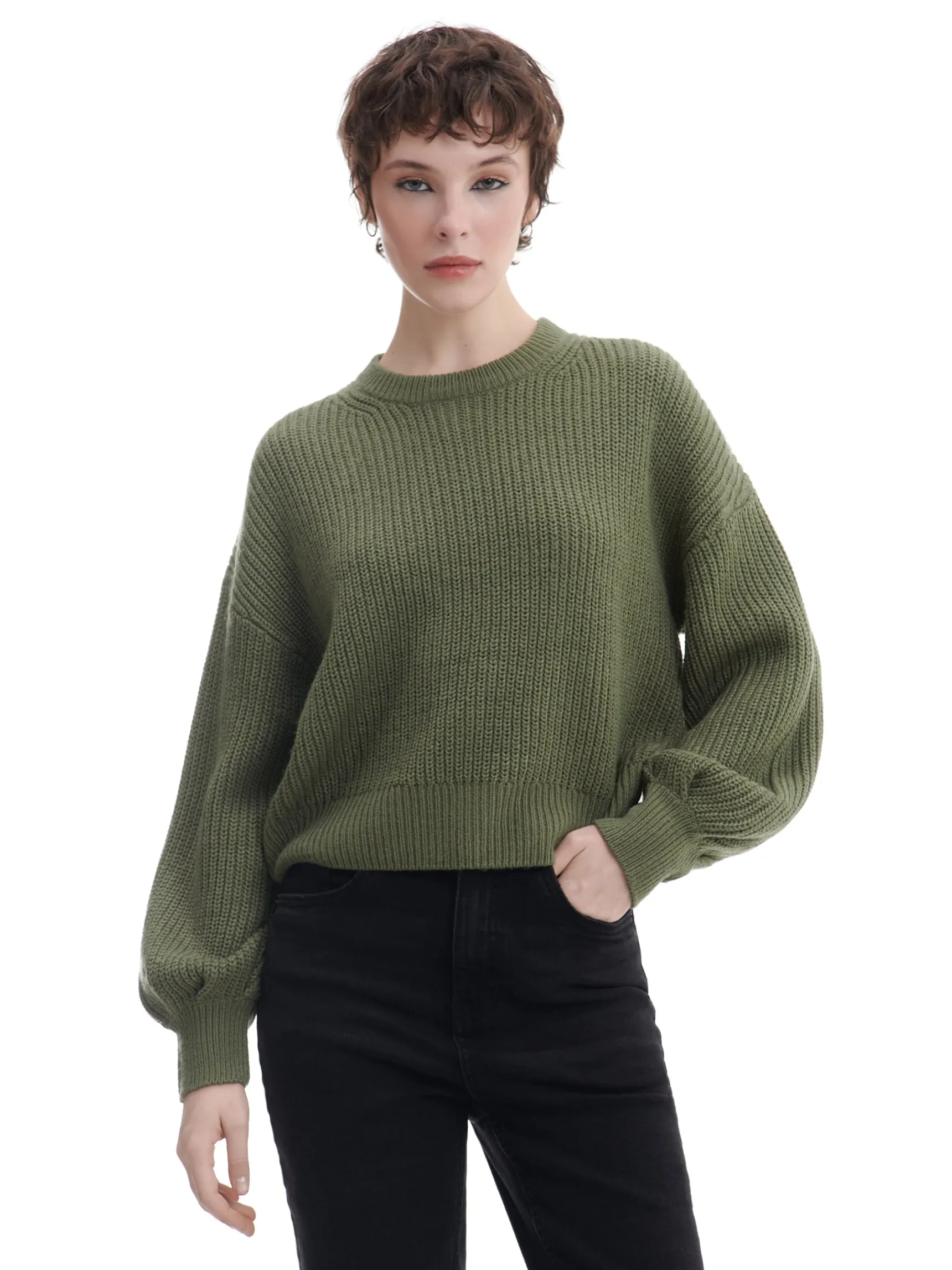 Best Cropp Ciemno sweter z szerokim rękawem zielony