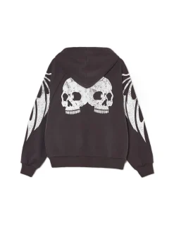 Online Cropp Czarna bluza hoodie z czaszkami szary