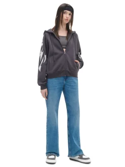 Online Cropp Czarna bluza hoodie z czaszkami szary