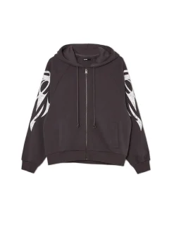Online Cropp Czarna bluza hoodie z czaszkami szary