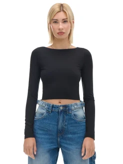 Best Cropp Czarna bluzka longsleeve z wiskozą czarny