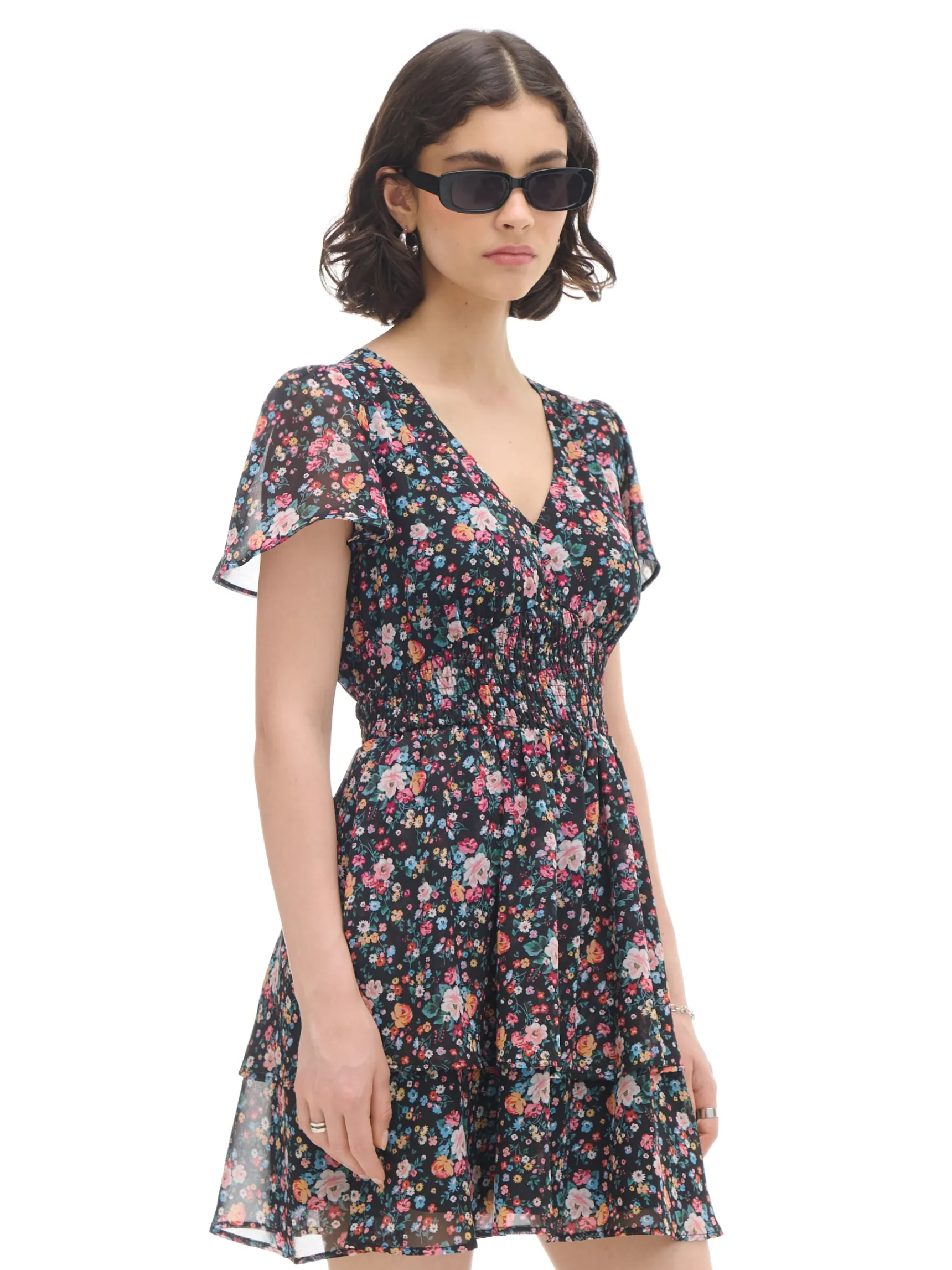 Hot Cropp Czarna sukienka mini w kwiaty czarny