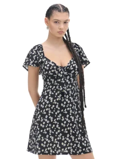 Outlet Cropp Czarna sukienka mini w stokrotki biały