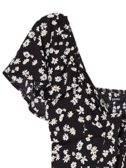 Outlet Cropp Czarna sukienka mini w stokrotki biały