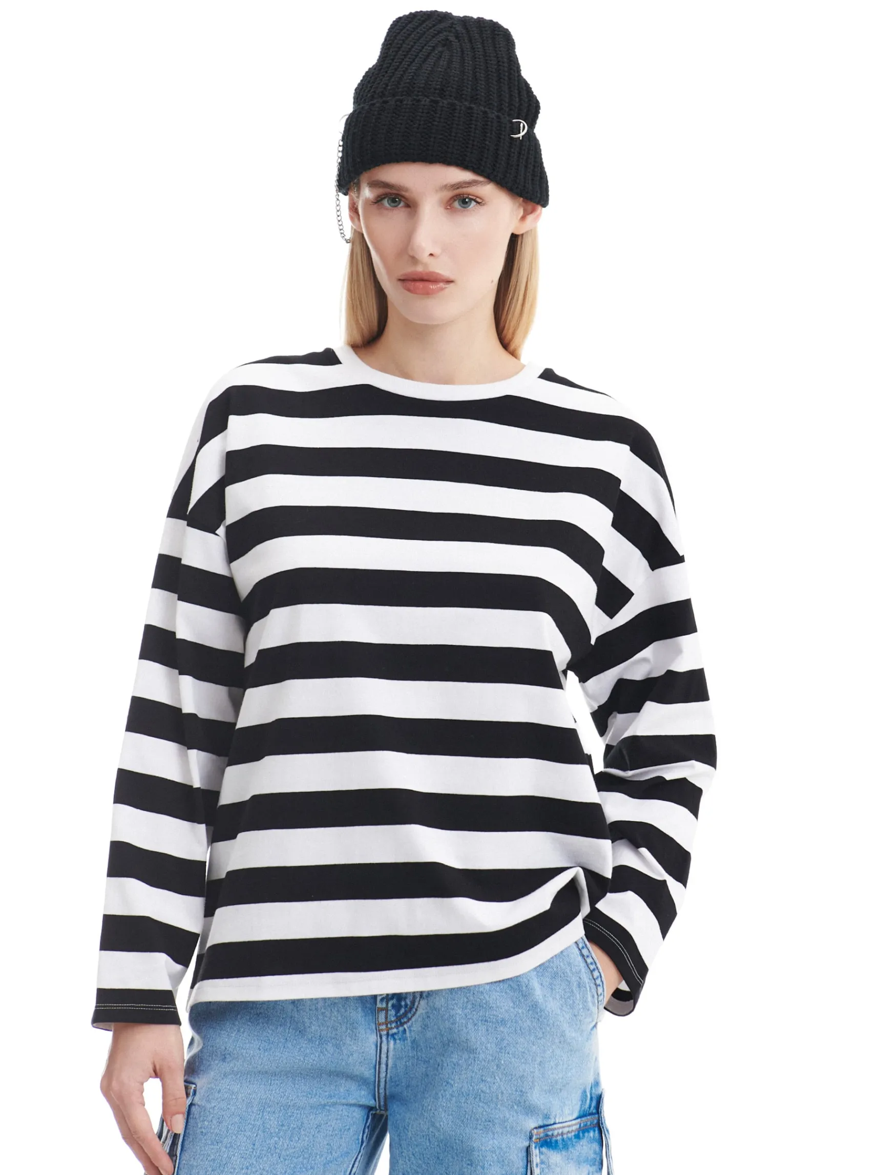 Online Cropp Czarno-biała bluzka w paski UNISEX wielobarwny