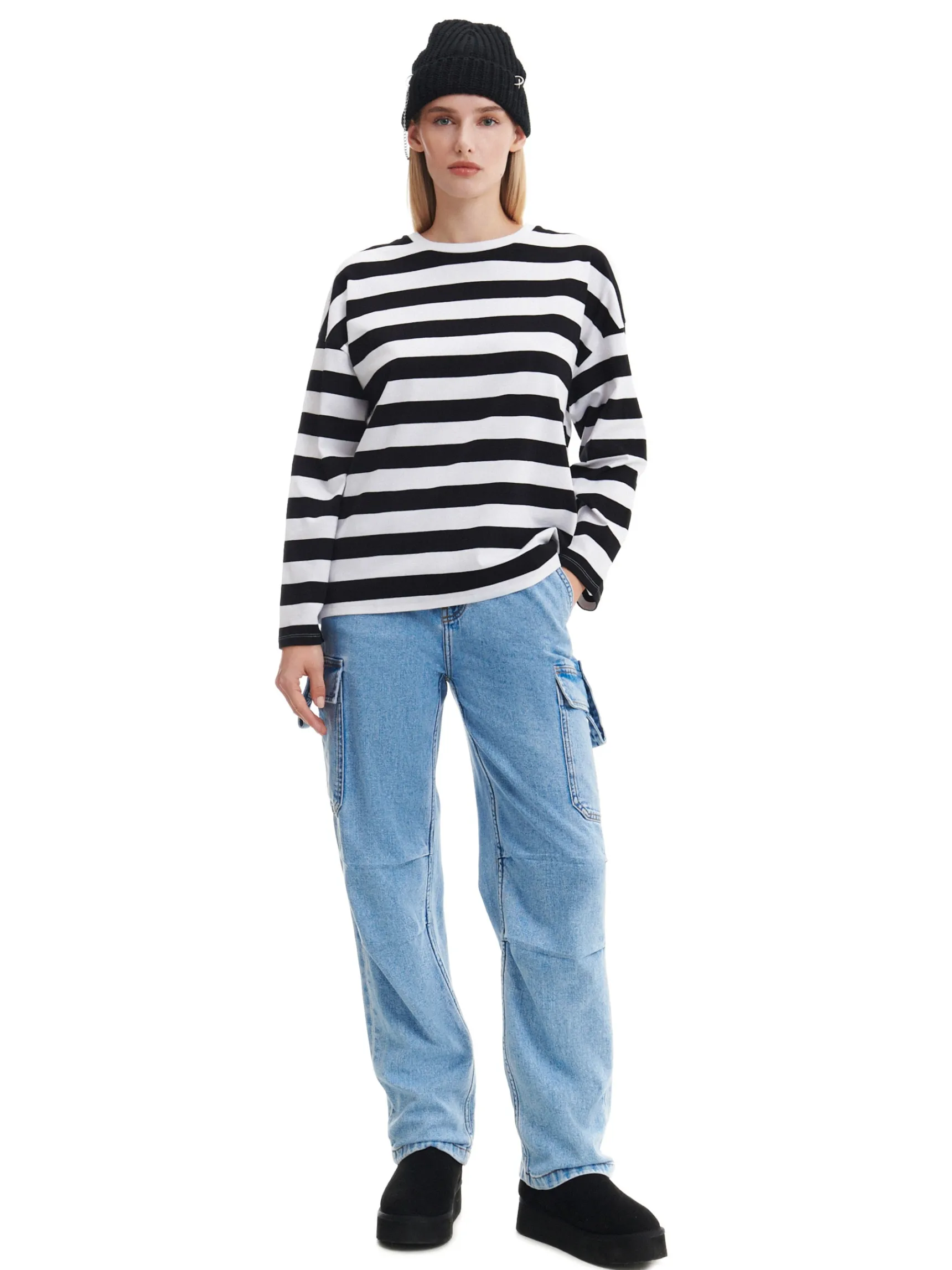 Online Cropp Czarno-biała bluzka w paski UNISEX wielobarwny