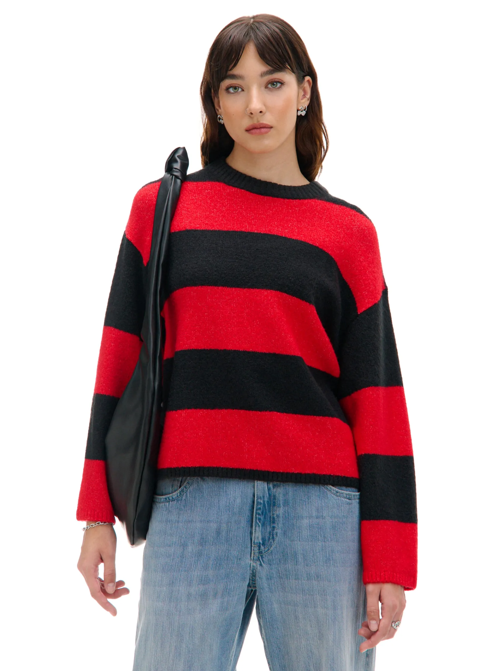 New Cropp Czarno- sweter w paski czerwony