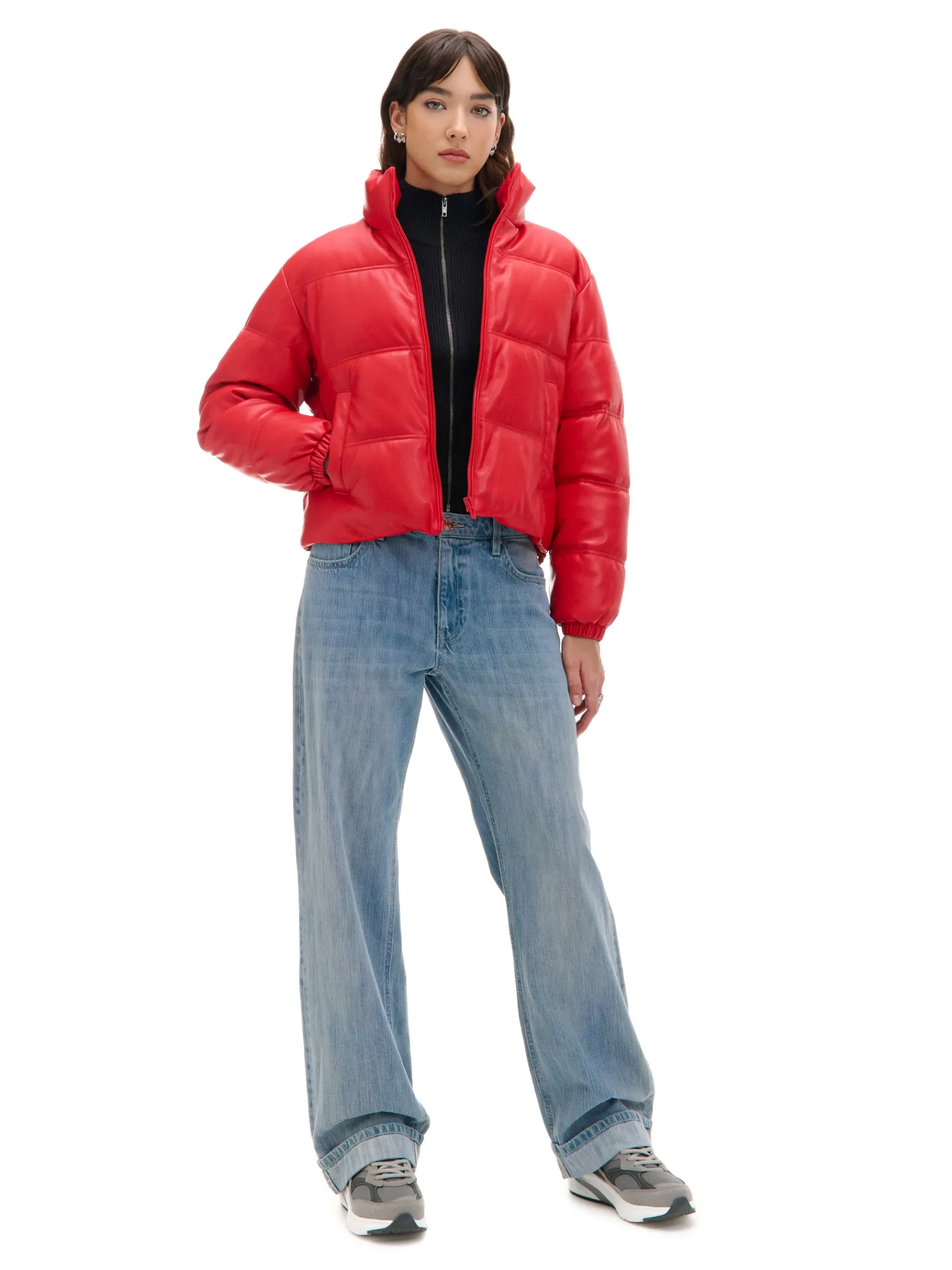 Best Cropp Czerwona kurtka puffer z efektem skóry czerwony