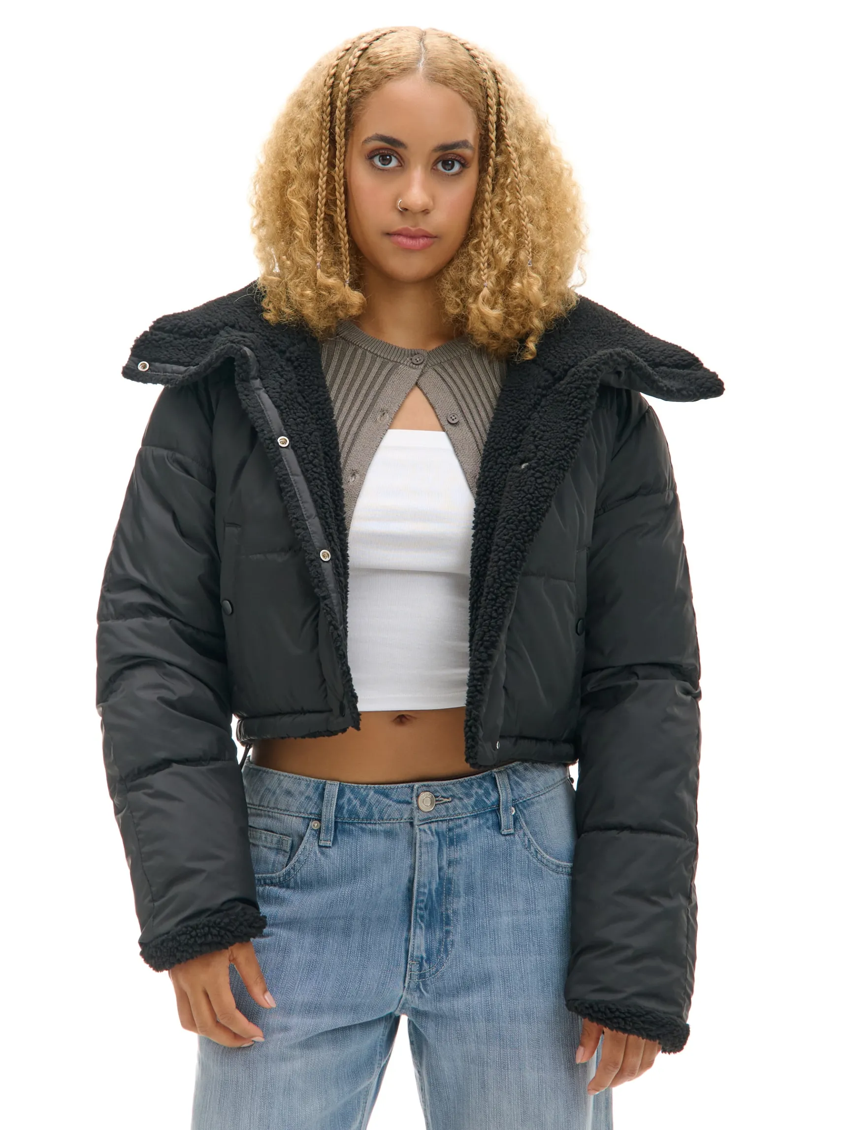 Sale Cropp Dwustronna czarna kurtka puffer czarny