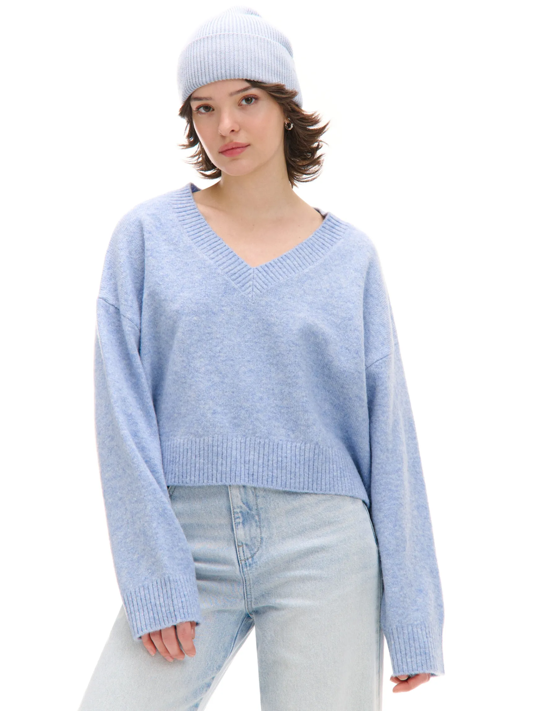 Hot Cropp Gładki jasnoniebieski sweter błękitny