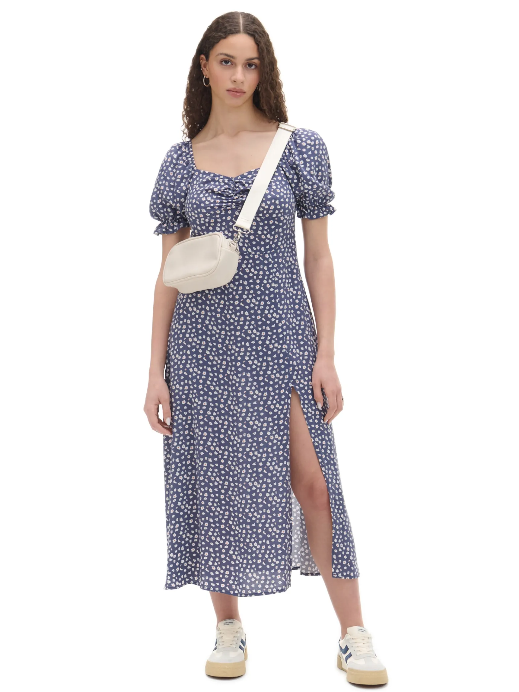 Fashion Cropp Granatowa sukienka midi w stokrotki granatowy