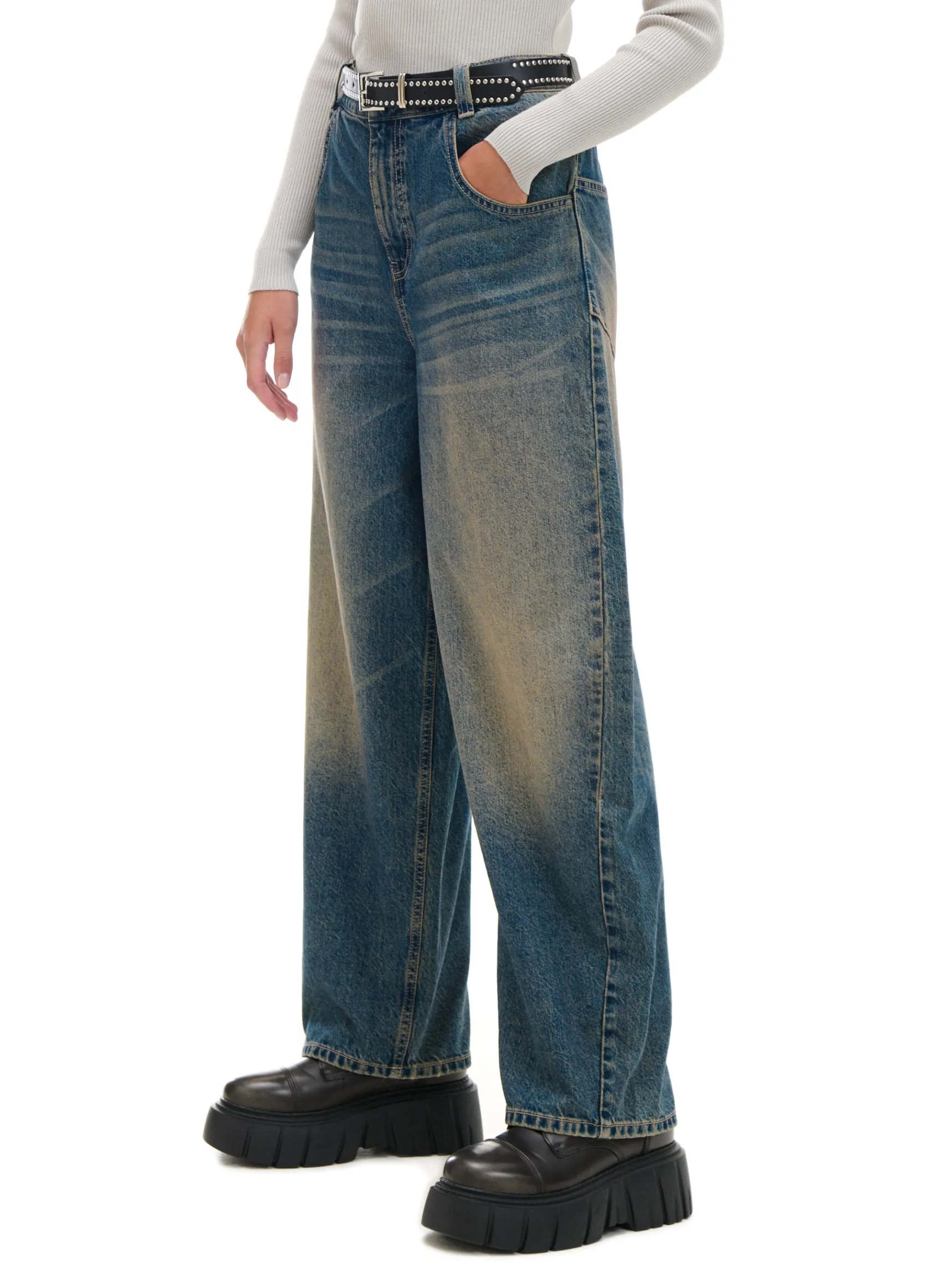 Sale Cropp Granatowe jeansy skater z efektem sprania granatowy