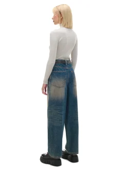 Sale Cropp Granatowe jeansy skater z efektem sprania granatowy