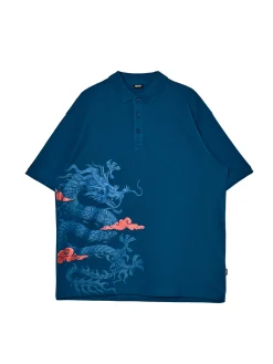 Clearance Cropp Granatowe polo z printem smoka niebieski