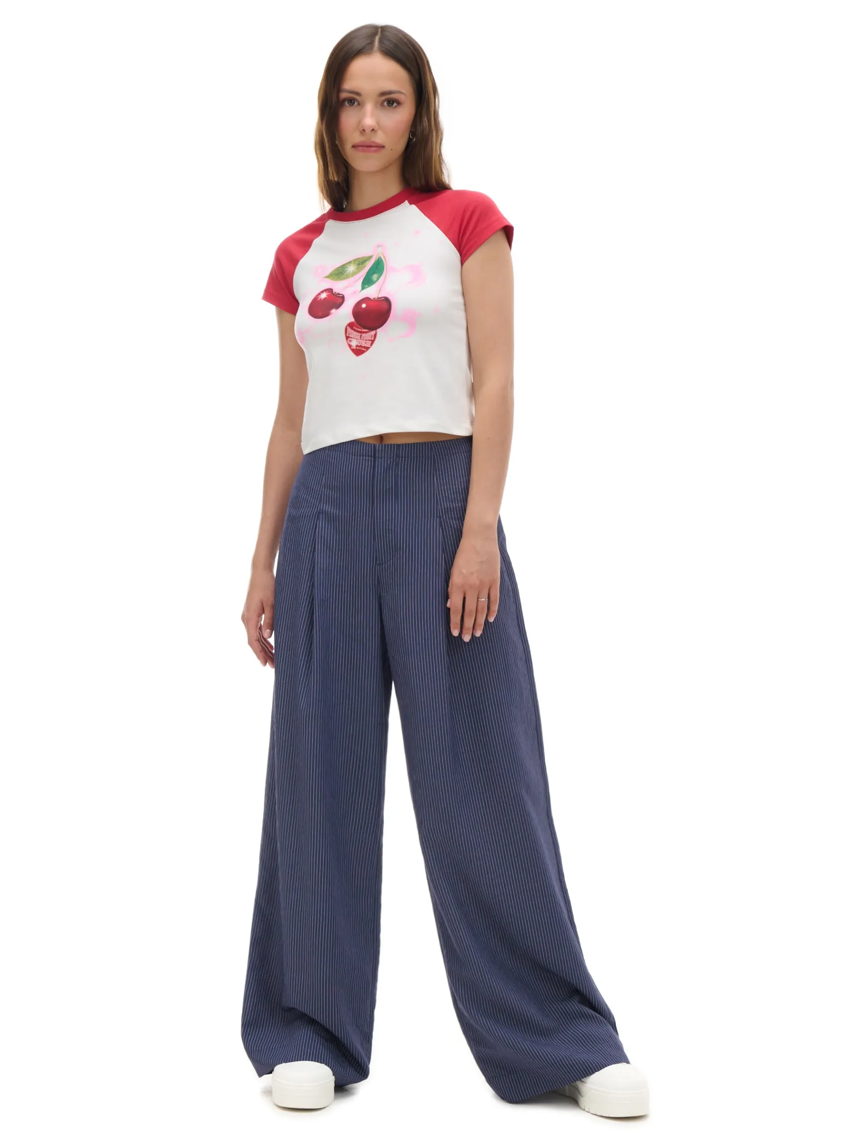 Online Cropp Granatowe spodnie tailoring w paski granatowy