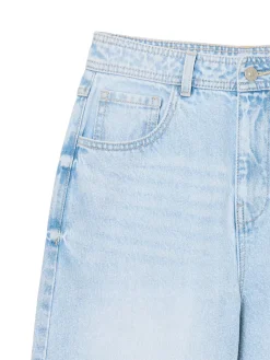 Hot Cropp Jasne jeansy straight z efektem sprania niebieski