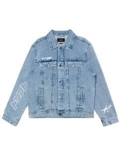 Clearance Cropp Jeansowa kurtka z nadrukami niebieski