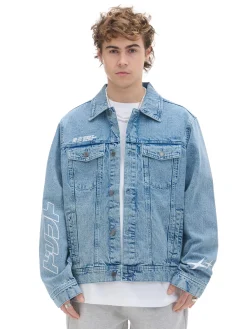 Clearance Cropp Jeansowa kurtka z nadrukami niebieski