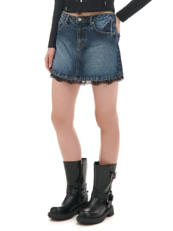 Fashion Cropp Jeansowa spódnica mini z koronką niebieski