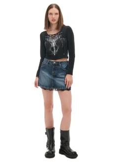 Fashion Cropp Jeansowa spódnica mini z koronką niebieski