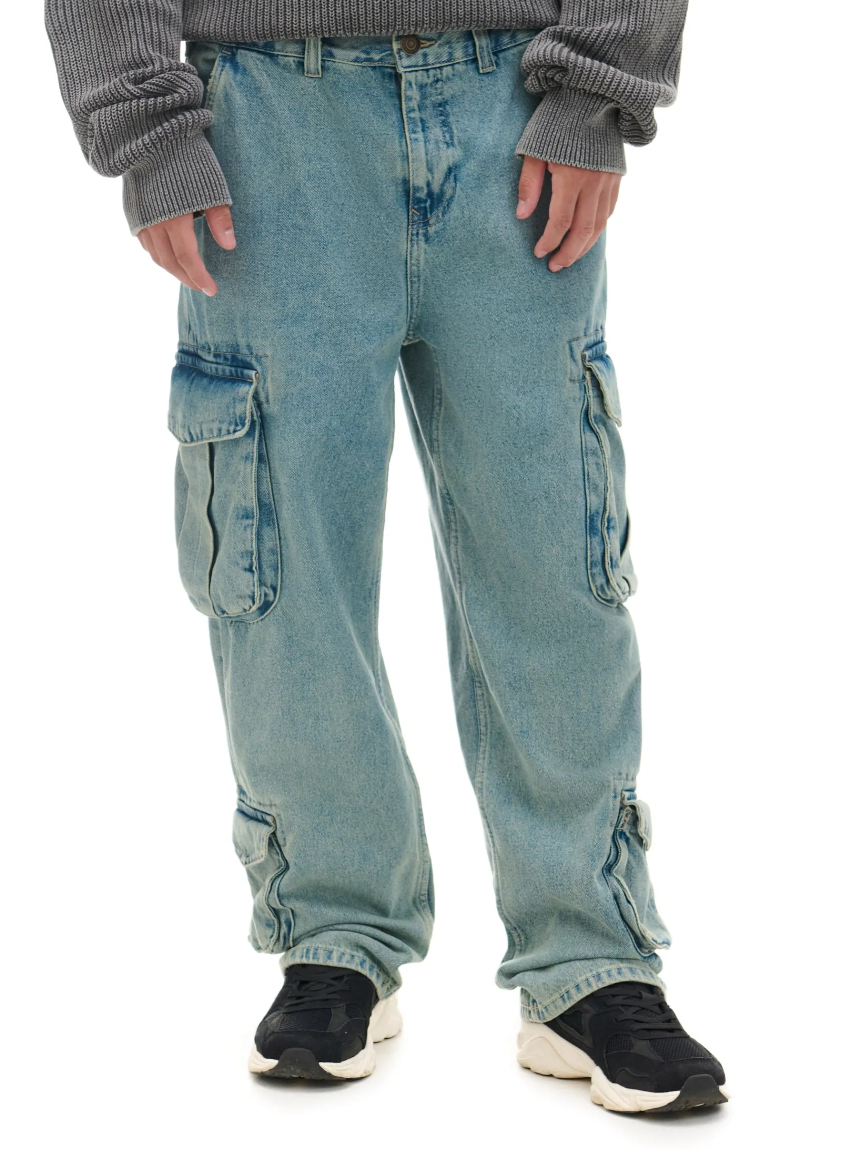 Clearance Cropp Jeansy baggy z kieszeniami cargo niebieski