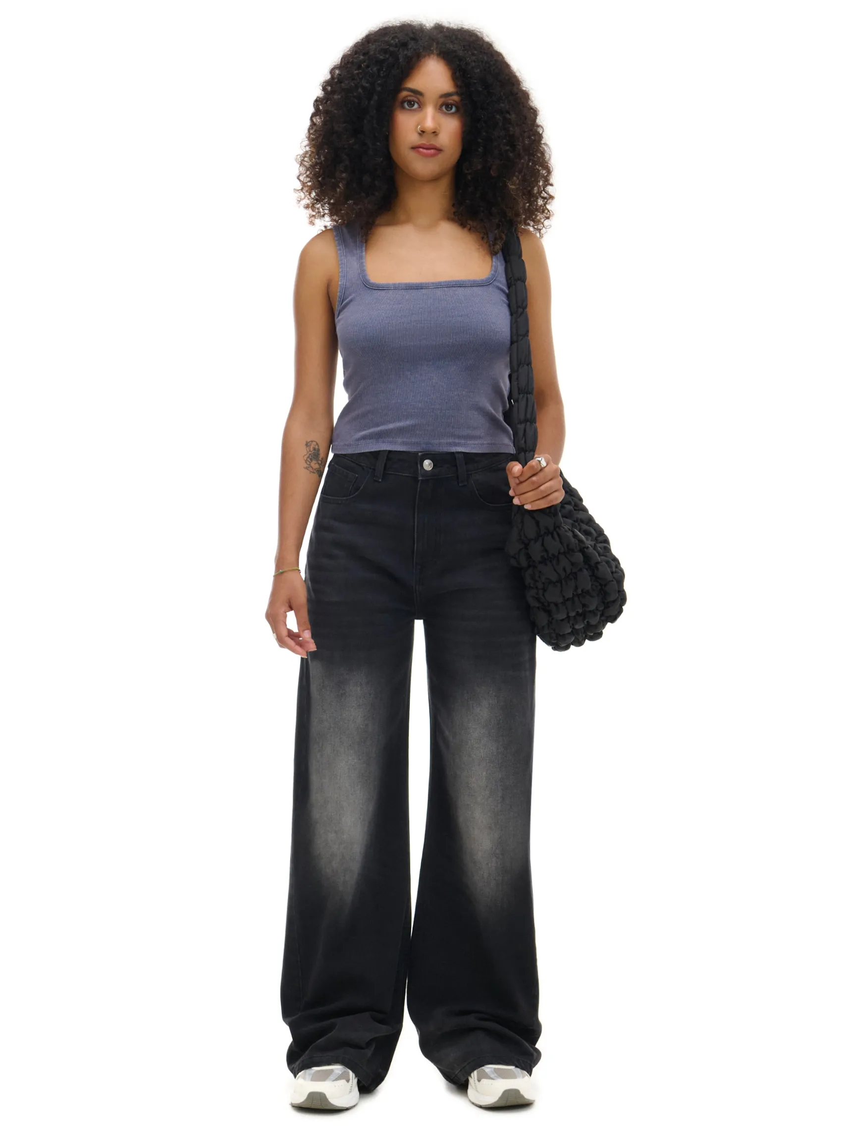 Hot Cropp Jeansy wide leg typu barrel czarny
