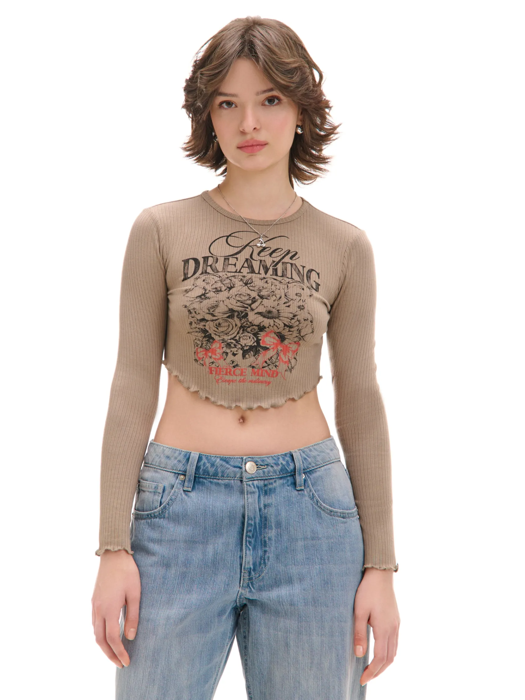 Sale Cropp Koszulka longsleeve z marszczonym wykończeniem brązowy