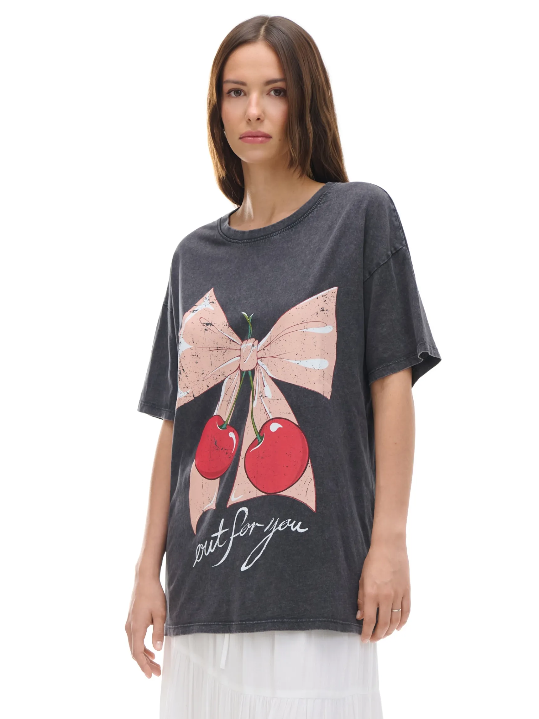 Fashion Cropp Koszulka oversize z motywem wiśni szary