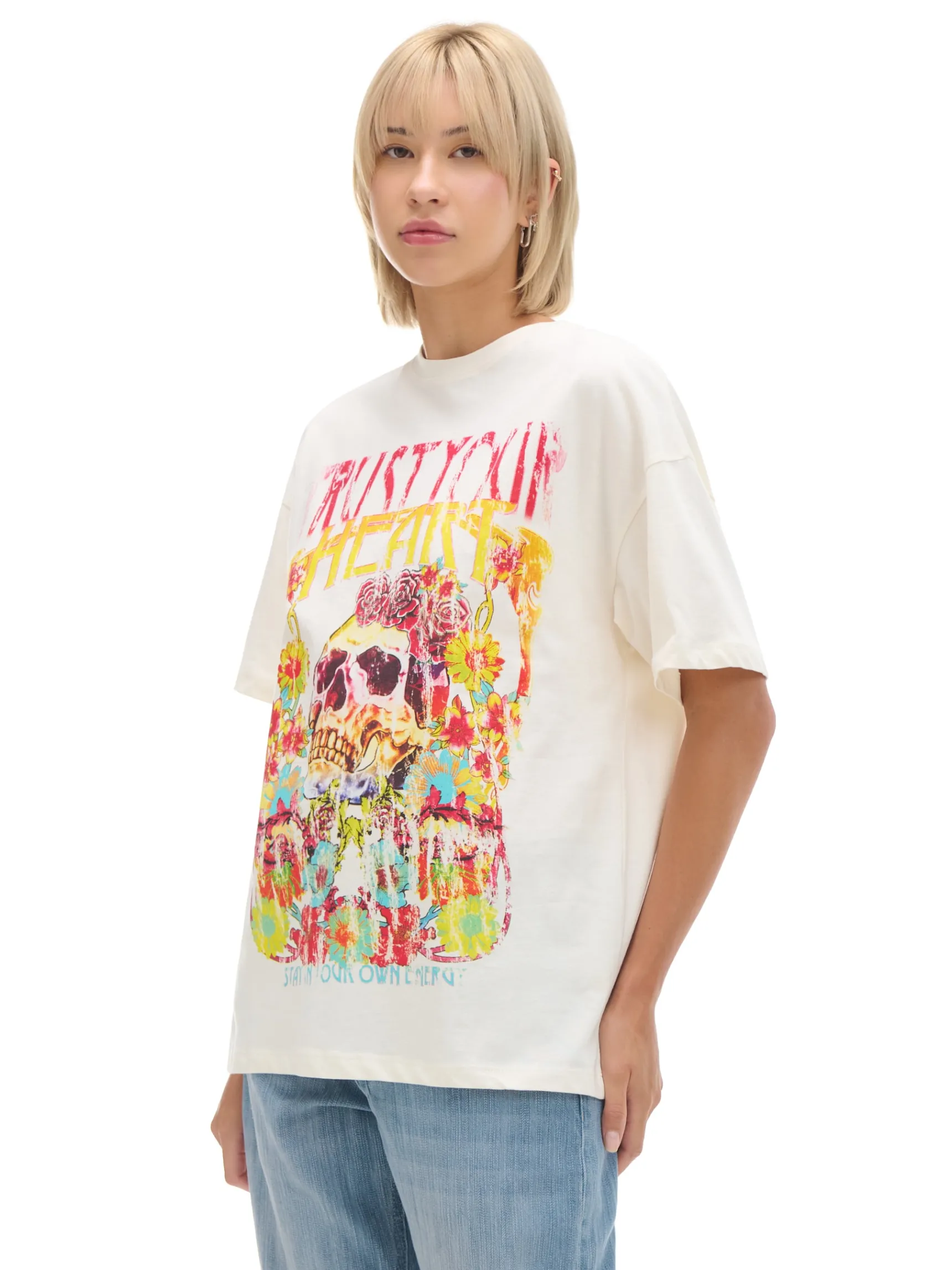 Clearance Cropp Kremowa koszulka z kolorowym nadrukiem UNISEX kremowy