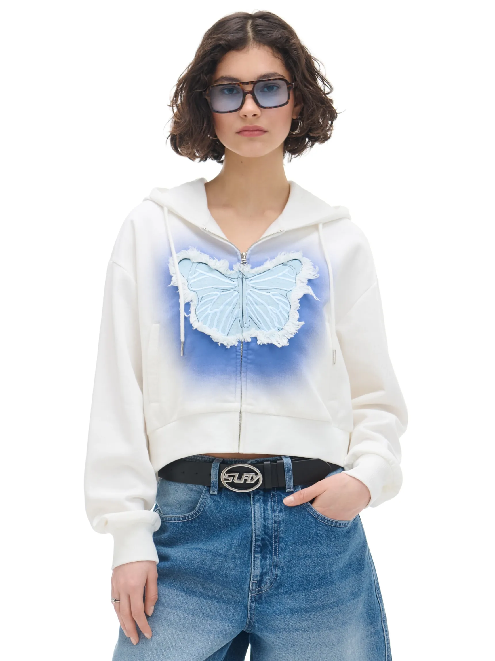 Fashion Cropp Krótka biała bluza z motylem biały