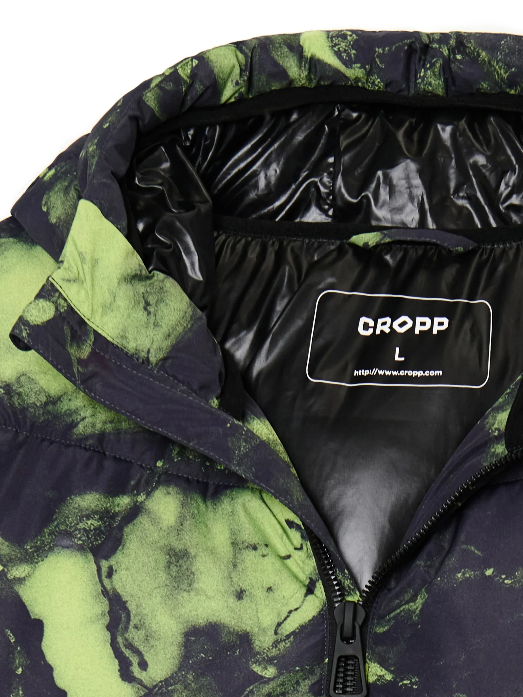 Online Cropp Kurtka puffer z kapturem i organicznym wzorem zielony
