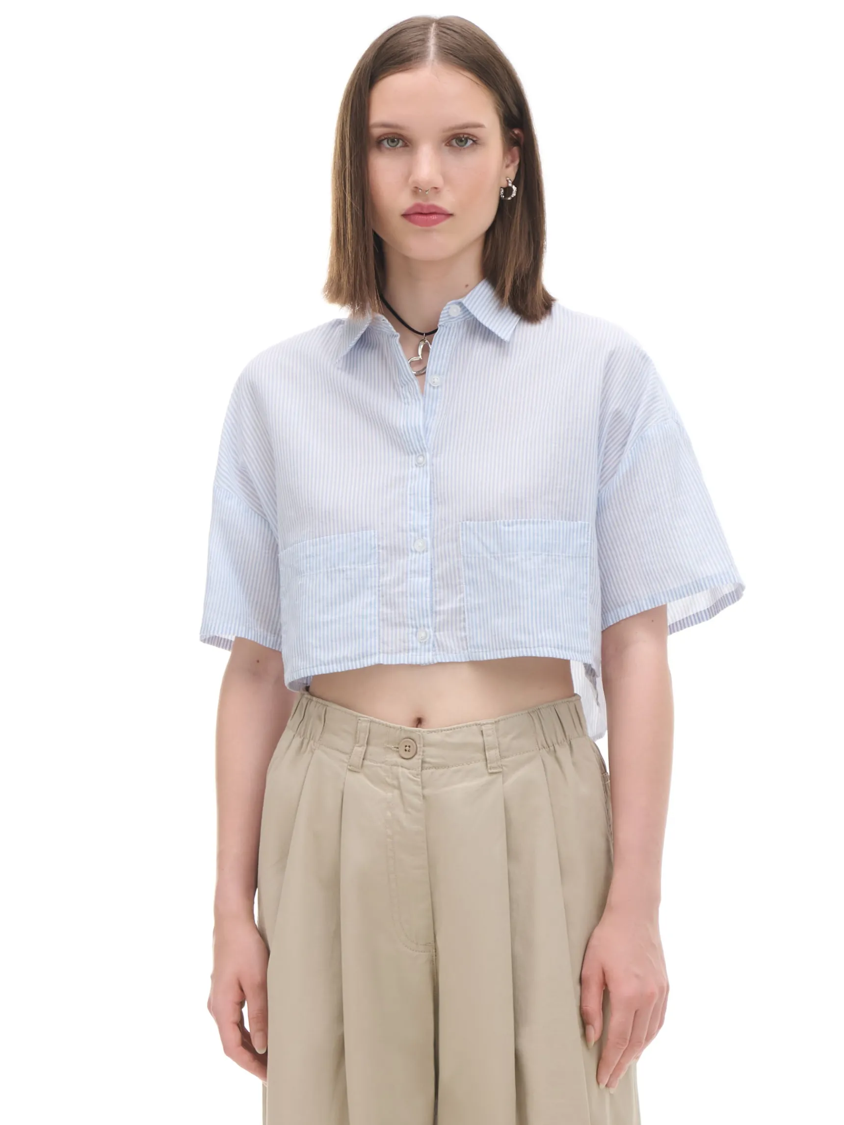 Online Cropp Luźna niebieska koszula crop błękitny