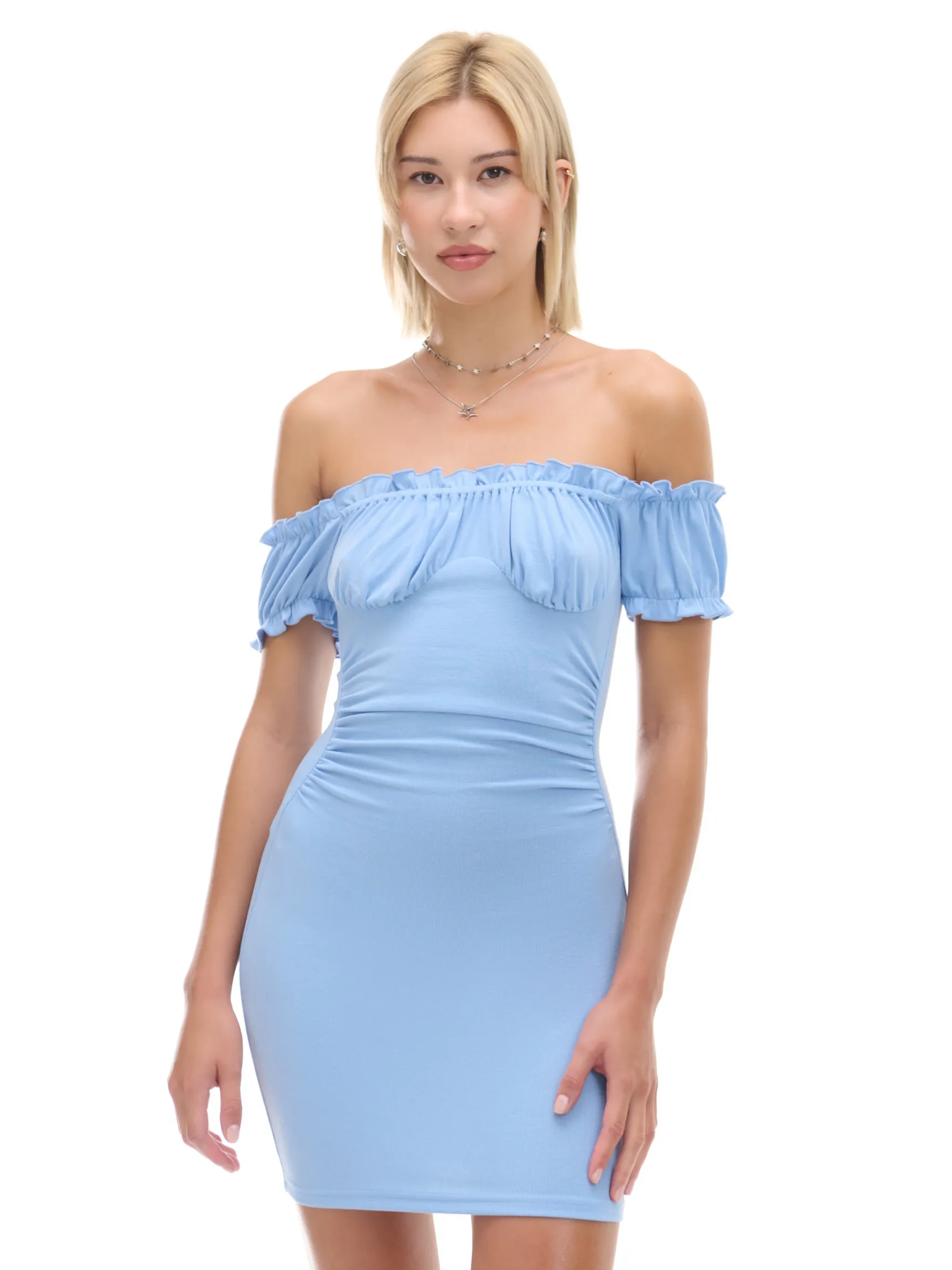 Fashion Cropp Niebieska sukienka mini z krótkimi rękawkami błękitny