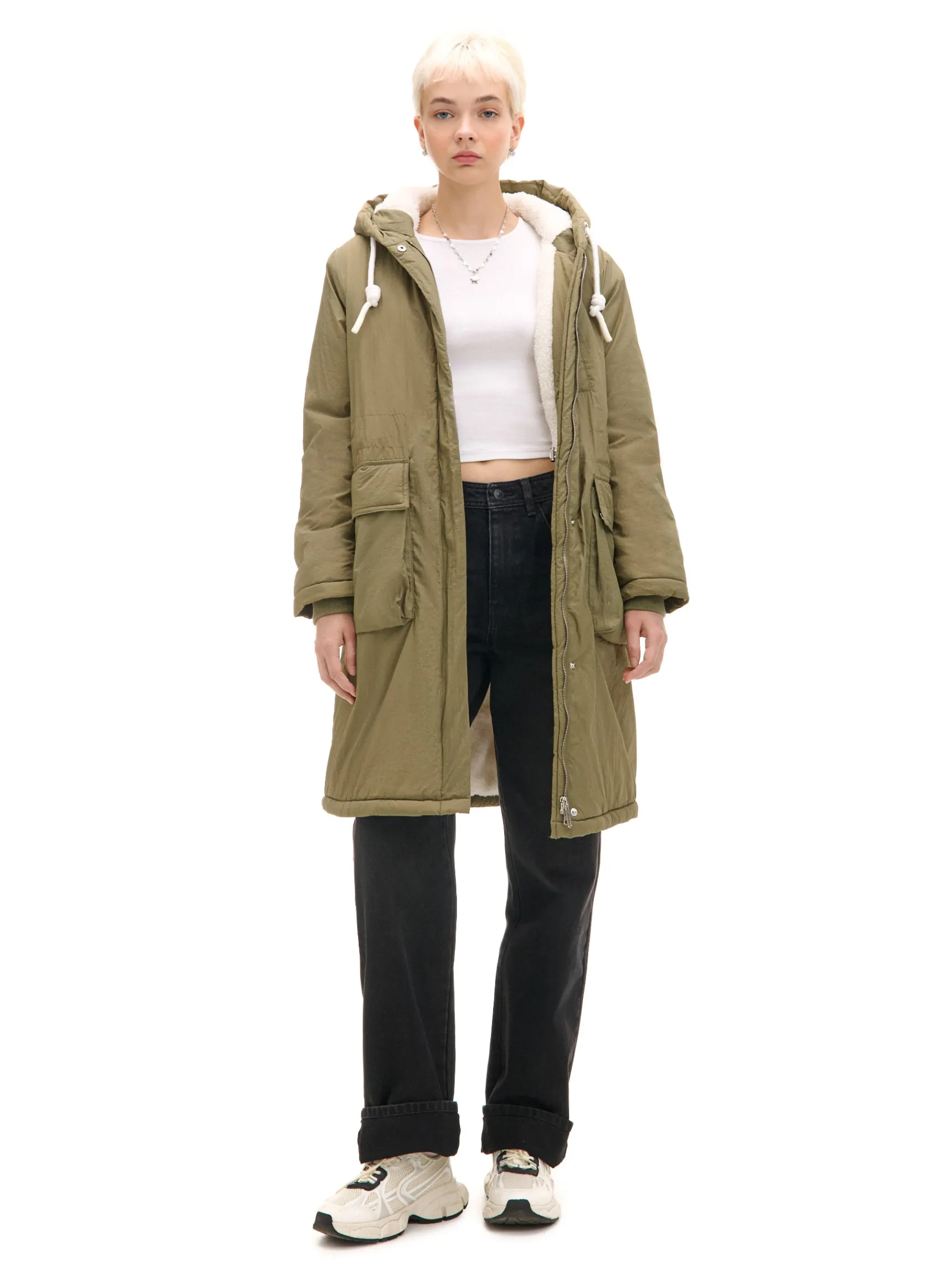New Cropp Oliwkowa parka z kapturem zielony