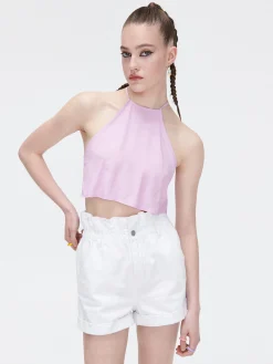 Sale Cropp Różowy crop top z ozdobnym wiązaniem fioletowy