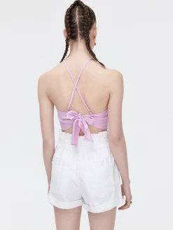 Sale Cropp Różowy crop top z ozdobnym wiązaniem fioletowy
