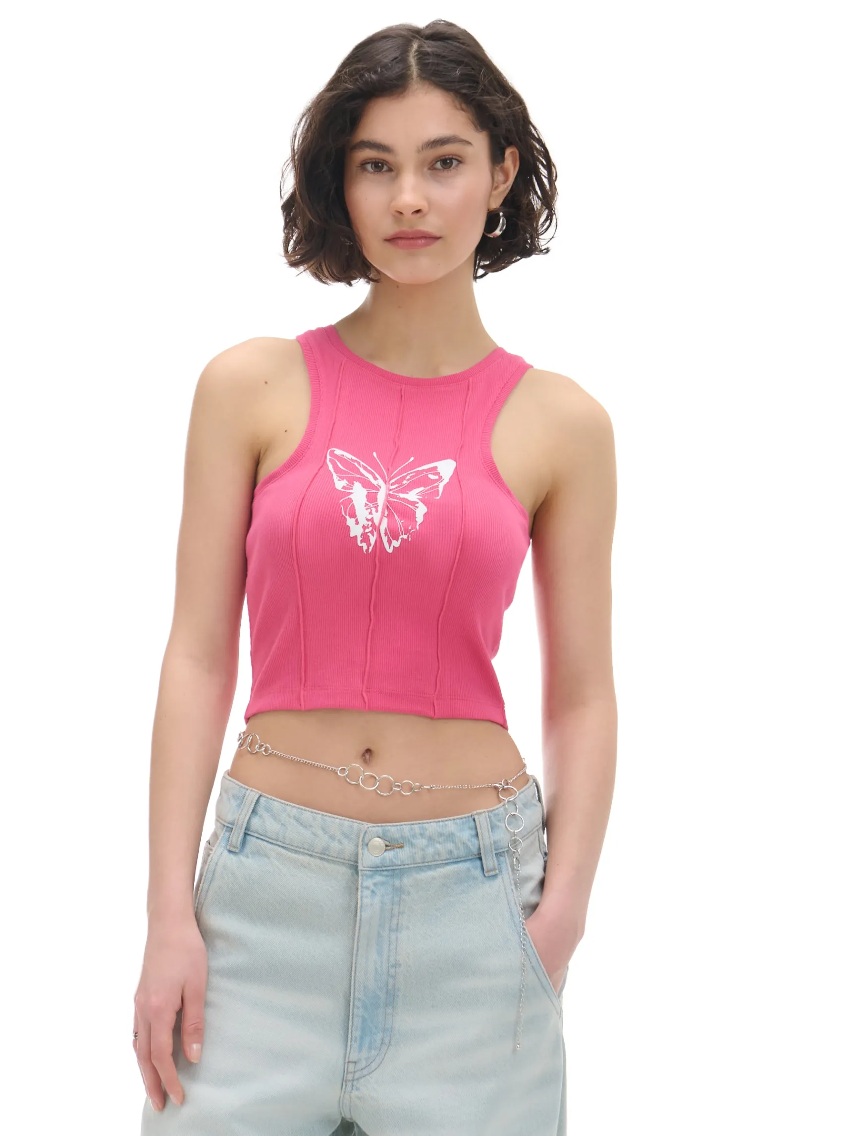 New Cropp Różowy top z motylem czerwony