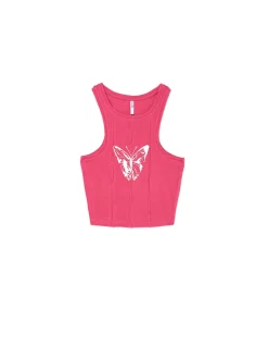 New Cropp Różowy top z motylem czerwony
