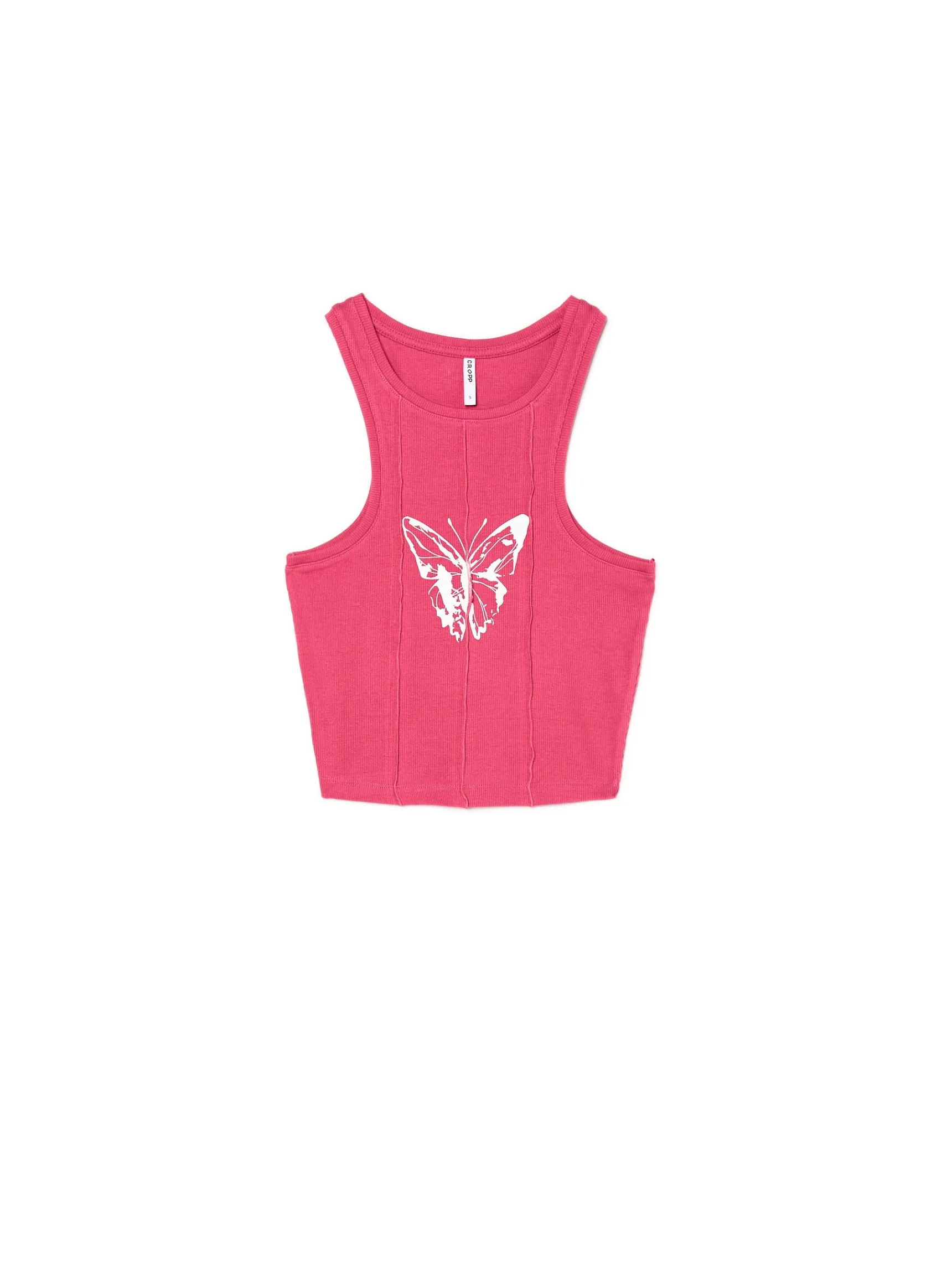 New Cropp Różowy top z motylem czerwony