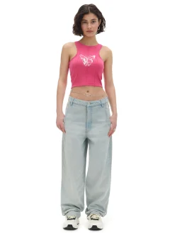 New Cropp Różowy top z motylem czerwony