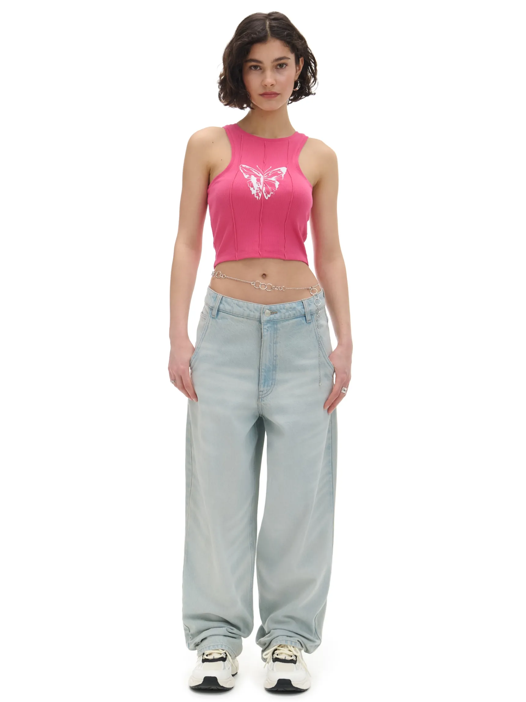 New Cropp Różowy top z motylem czerwony