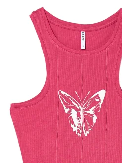 New Cropp Różowy top z motylem czerwony